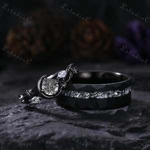 Dainty Black Rutilated Quartz Black Gold Couple Ring Set Tungsten Meteorite Men Wedding Ring for His and Her Vintage Bridal Set Unique Gift