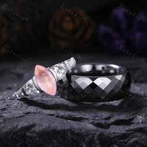 Marquise Cut Rose Quartz Couple Engagement Ring Set White Gold Hammered Tungsten Mens Wedding Ring for Women Men Bridal Set Anniversary Gift