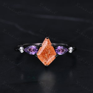 Kite Cut Orange Sunstone Black Gold Engagement Ring Pear Amethyst Ring Unique Twisted Ring Bridal Anniversary Gift for Women Promise Ring