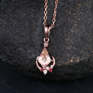 Art Deco Kite Cut Morganite Ruby Necklace Rose Gold Unique Star Moon Moissanite Pendant Women Anniversary Gift Vintage Dainty Gift for her