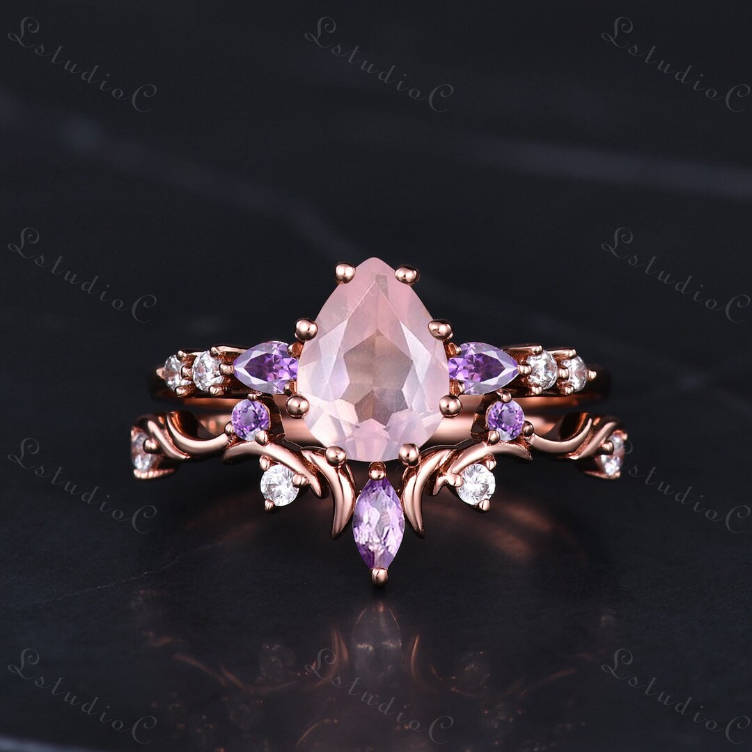 Nature Inspired Pear Shaped Cut Rose Quartz Ring Set 14k Rose Gold Art ...