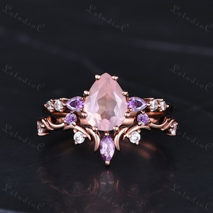 Nature Inspired Pear Shaped Cut Rose Quartz Ring Set 14k Rose Gold Art Deco Amethyst Engagement Ring Set Moissanite Bridal Set Twig Ring