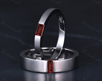 Baguette Schnitt Granat Paar Hochzeit Ring Set Massiv Weißgold Herren Schlicht Goldband Frauen Stapeln Passender Ring Solitaire Minimalist Geschenk