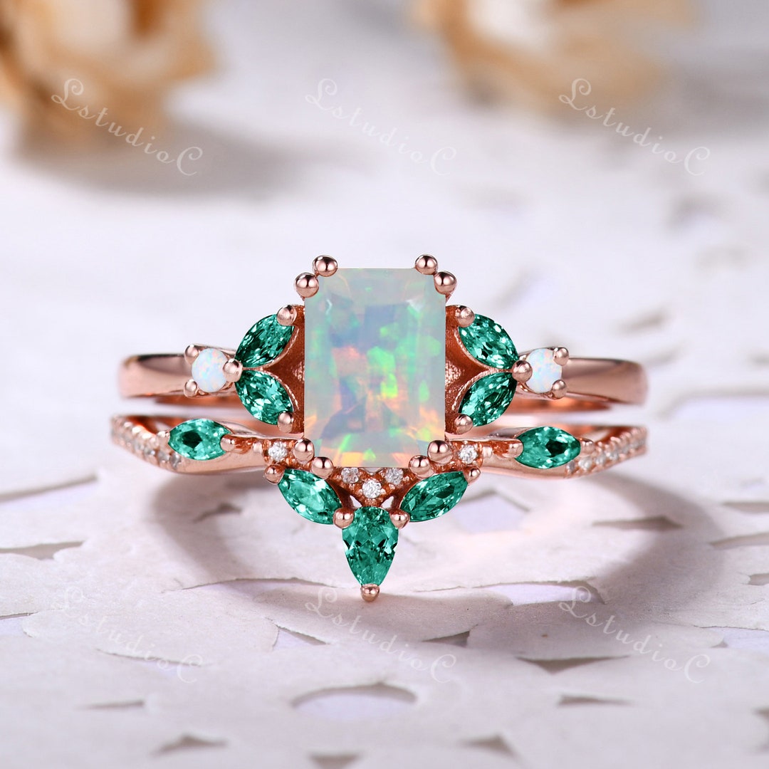 Opal emerald engagement ring deals