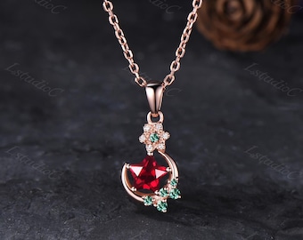 Dainty Star Shape Ruby Emerald Pendant Necklace Rose Gold Crescent Moon Star Pendant Red Green Gemstone Pendant Celestial Birthstone Pendant