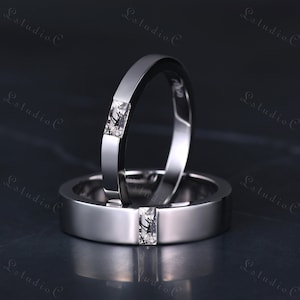 Baguette Cut Black Rutilated Quartz Couple Wedding Ring Set Solid White Gold Mens Plain Gold Band Women Stacking Ring Minimalist Gift