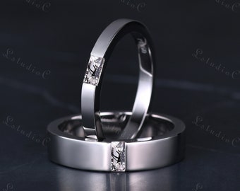 Baguette Cut Black Rutilated Quartz Couple Wedding Ring Set Solid White Gold Mens Plain Gold Band Women Stacking Ring Minimalist Gift