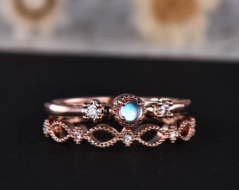 Rainbow Moonstone Engagement Ring Set Vintage Moonstone Diamond Ring Sterling Silver Ring Dainty Wedding Ring Birthstone Ring Promise Ring