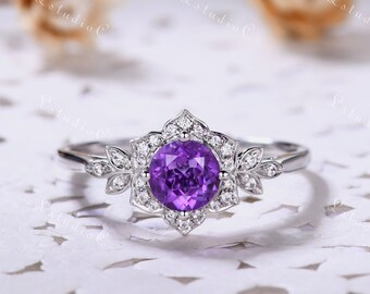 Vintage Amethyst Ring Silver Amethyst Engagement Ring Gold Amethyst Ring Antique Amethyst Ring Unique Ring Promise Wedding Ring for Women