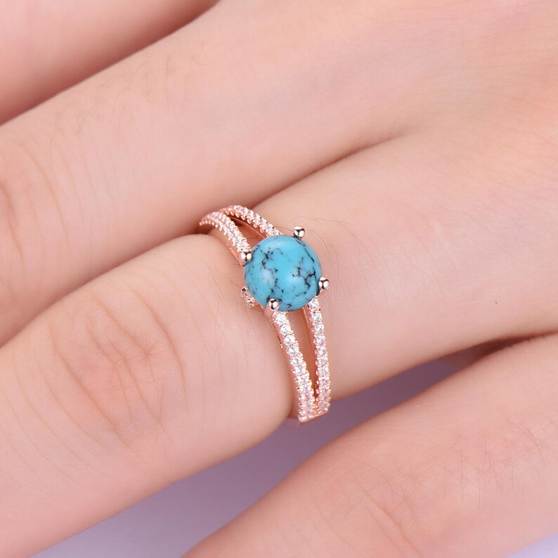 Black Blue Turquoise Engagement Ring 14k 18k Rose Gold CZ Diamond Split Shank Wedding Band 925 Sterling Silver Solitaire Bridal Anniversary