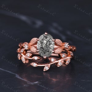 Unique Oval Cut Black Rutilated Quartz Twig Engagement Ring Set Vintage Leaf Diamond Bridal Ring Set Art Deco Nature Inspired Women Gift