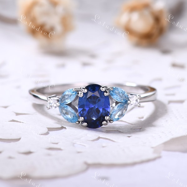 Vintage Oval Blue Sapphire Engagement Ring 14k White Gold Marquise Blue Topaz Ring Nature Inspired Leaf Ring Art Deco Ring for Women Jewelry