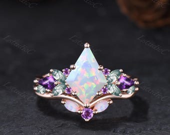 Dainty Kite Shape White Opal Engagement Ring Set Marquise Moss Agate Amethyst Accent Cluster Stones Ring Green Purple Gemstone Ring Set