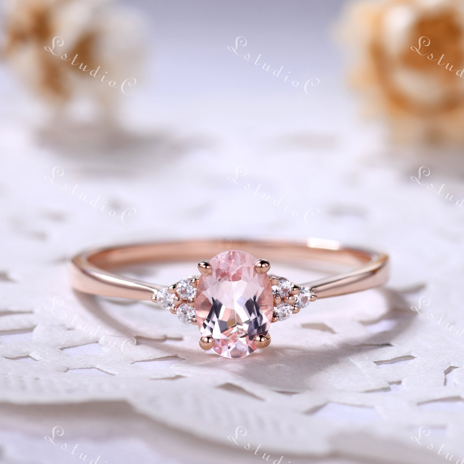 Oval Morganite Wedding Ring Set Rose Gold Morganite Diamond Engagement –  PENFINE
