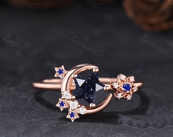 Dainty Star Shape Blue Sandstone Engagement Ring Unique Sapphire Star Moon Ring Celestial Crescent Blue Gemstones Ring Blue Stones Ring