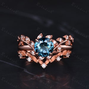 Round Cut London Blue Topaz Leaf Engagement Ring Set Rose Gold Vintage Moissanite Vine Bridal Set Art Deco Twig Ring Unique Women Gift