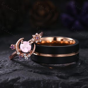Vintage Rose Quartz Star Moon Couple Ring Set Black Tungsten Mens Wedding Band for His and Her Promise Bridal Anniversary Gift for Women Men