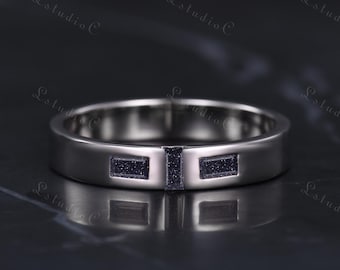 Baguette Cut Blue Sandstone Wedding Band Sterling Silver 3 Stones Goldstone Stacking Ring Galaxy Gemstone Ring Unique Gift for Men Women