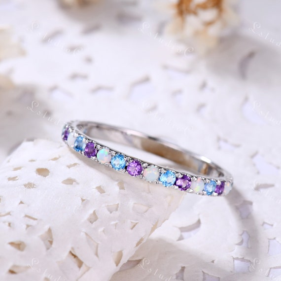 Fire Opal Wedding Band Amethyst Ring Blue Topaz Ring Unique - Etsy