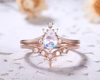 Dainty Pear Shaped Moonstone Ring Set 14k Rose Gold Vintage Opal Moissanite Engagement Ring Set 2pcs Antique June Birthstone Ring for Women