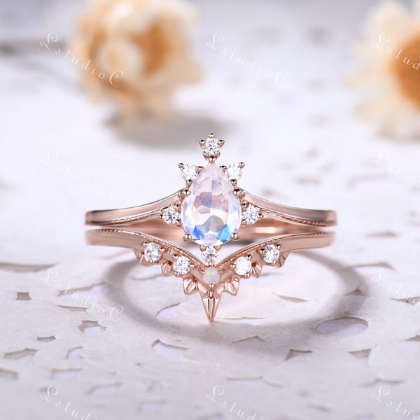 Dainty Pear Shaped Moonstone Ring Set 14k Rose Gold Vintage Opal Moissanite Engagement Ring Set 2pcs Antique June Birthstone Ring for Women