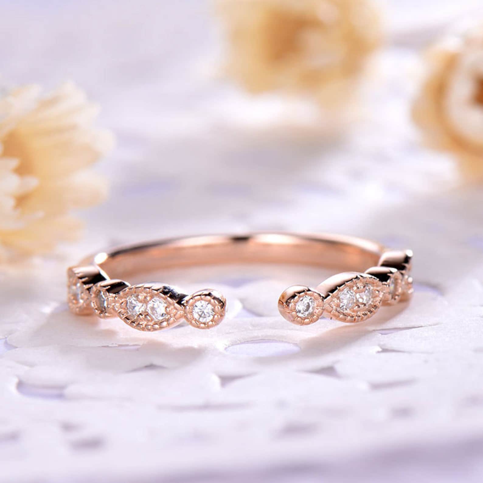 Moissanite Wedding Band Rose Gold Gap Wedding Band Dainty Etsy