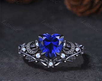 Vintage Heart Shaped Cut Blue Sapphire Gothic Engagement Ring Set Black Gold Moonstone Star Moon Celestial Ring Leaf Twig Blue Stones Ring