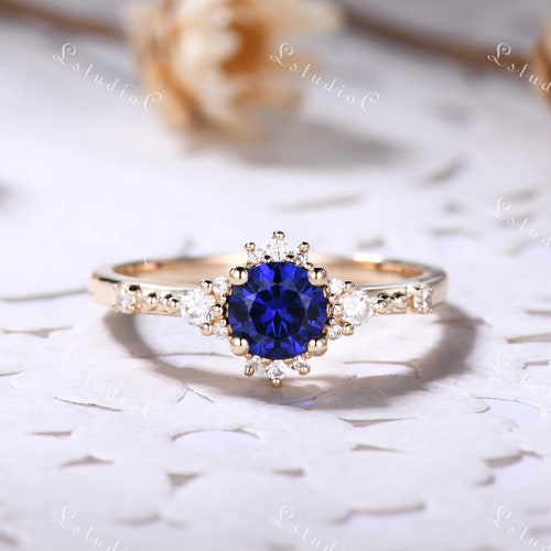 Round Cut Sapphire Ring Blue Gemstone Ring Silver Engagement - Etsy