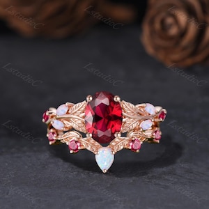 Antique Oval Cut Ruby Opal Leaf Engagement Ring Set 14k Rose Gold Nature Inspired Red Gemstones Vine Twig Ring July Birthstone Branch Ring