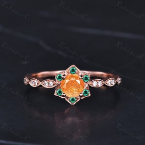 Unique Sunstone Flower Engagement Ring 14k Rose Gold Dainty Emerald Halo Bridal Ring Vintage Women Flower Ring Art Deco Leaf Promise Ring