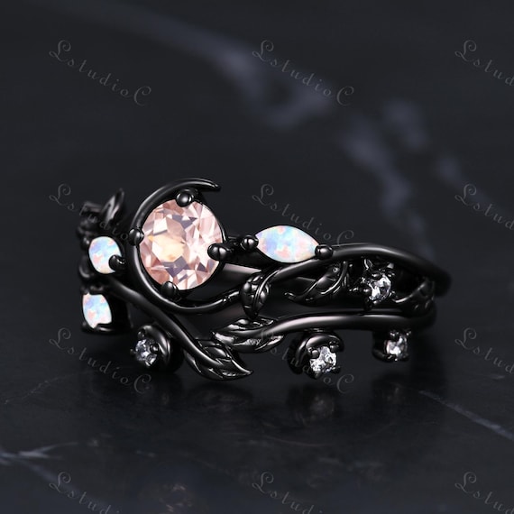 Pink Morganite Opal Black Gold Engagement Ring Set Vintage