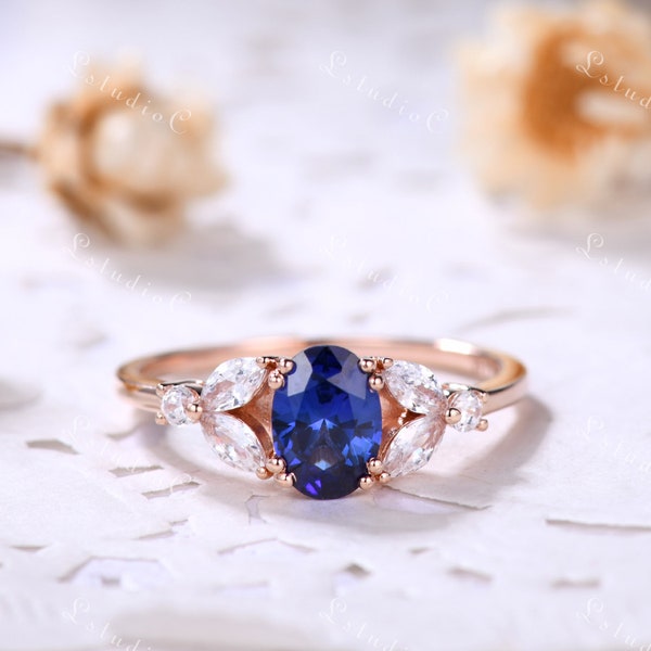 Vintage Oval Blue Sapphire Engagement Ring 14k Rose Gold Marquise Moissanite Ring Leaf Ring Art Deco September Birthstone Ring for Women