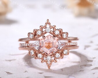 Vintage Hexagon Pink Morganite Enhancer Ring Set Art Deco 3 Stone Triangle Moissanite Engagement Ring Set Unique Double Stacking Bridal Ring