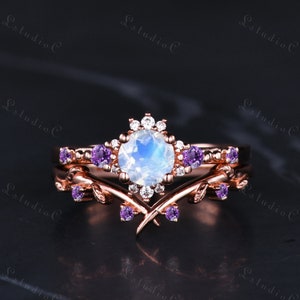 Zierliche Blau Mondstein Blatt Verlobungsring Set Solid Gold Einzigartige Amethyst Rebe Ehering Set Vintage Moissanite Zweig Braut Set für Sie