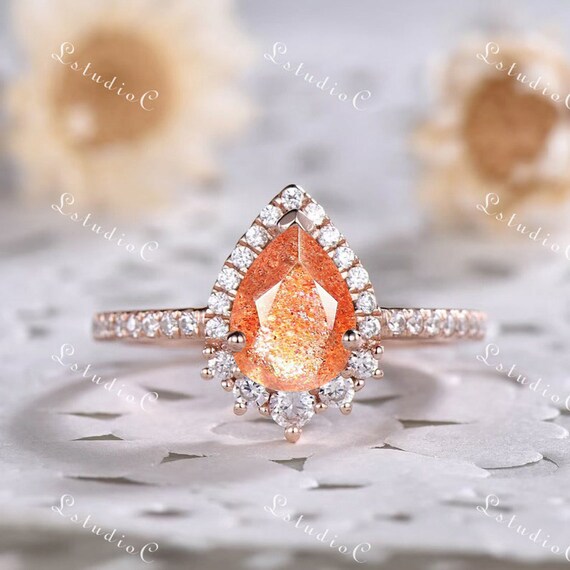 Pear Shaped Sunstone Engagement Ring Natural Sunstone Ring Rose