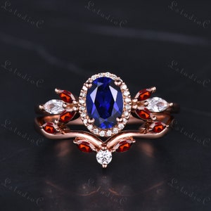 Oval Cut Blue Sapphire Cluster Engagement Ring Set Marquise Moissanite Garnet Wedding Bridal Set Red Stone Ring Women Promise Gift Jewelry