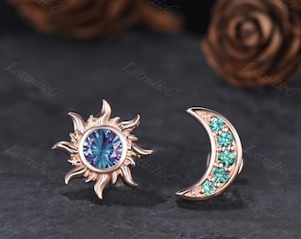 Firework Cut Alexandrite Emerald Sun Moon Stud Earrings Dainty Rose Gold Celestial Earrings May and June Birthstone Earrings Gift for Her