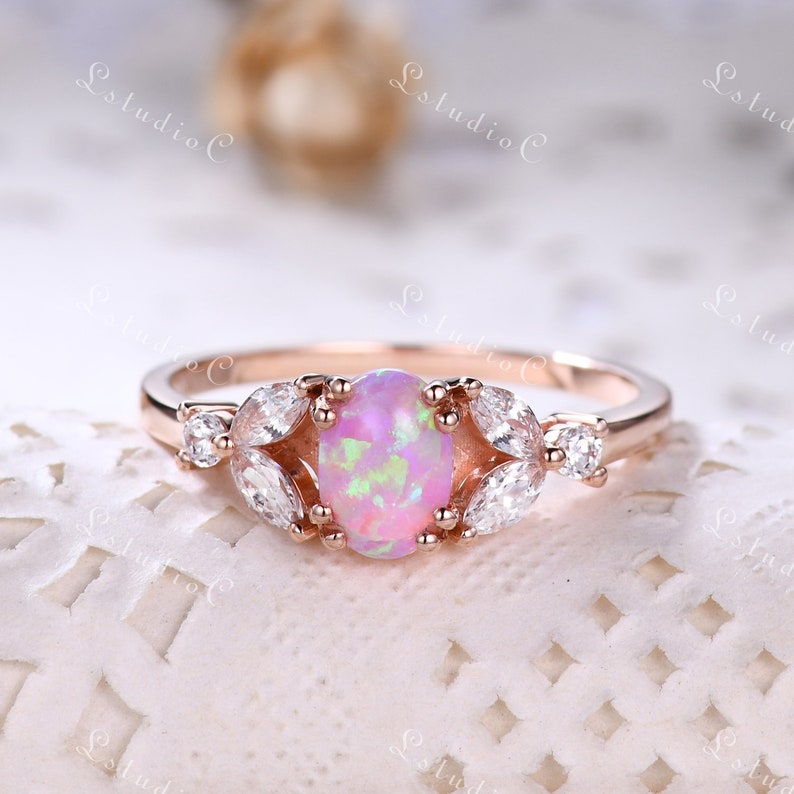 Vintage Oval Pink Opal Engagement Ring 14k Rose Gold Marquise - Etsy