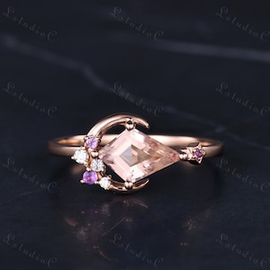 Vintage Kite Cut Pink Morganite Engagement Ring 14k Rose Gold Unique Amethyst Moon Wedding Ring Art Deco Star Moon Ring Women Promise Ring