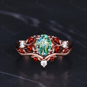 Oval Cut Green Moissanite Engagement Ring Set 14k Rose Gold Vintage Marquise Garnet Wedding Bridal Set Moissanite Unique Ring for Women