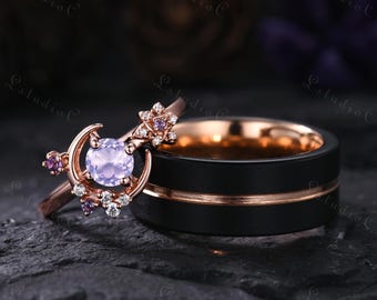 Anillo de pareja vintage de amatista lavanda con estrella y luna, alianza de boda de tungsteno negro para hombre, regalo de aniversario de promesa para él y para ella, para mujeres y hombres.