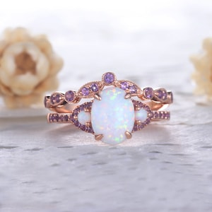 White Opal Amethyst Engagement Ring Set Silver Rose Gold Oval Fire Opal Wedding Ring Set 3 Stone Bridal Set Birthstone Ring for Women image 1