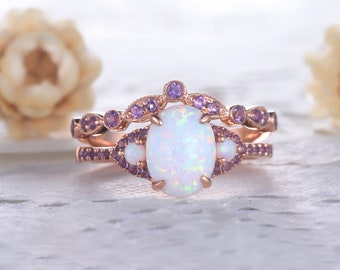 White Opal Amethyst Engagement Ring Set Silver Rose Gold Oval Fire Opal Wedding Ring Set 3 Stone Bridal Set Birthstone Ring for Women