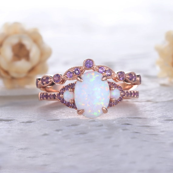 White Fire Opal Engagement Ring  Three Ring & Band Wedding Set