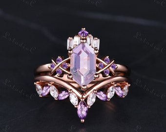 Vintage Long Hexagon Cut Lavender Amethyst Engagement Ring Set Antique Marquise Moissanite Stacking Ring Birthstone Bridal Set Women Gift