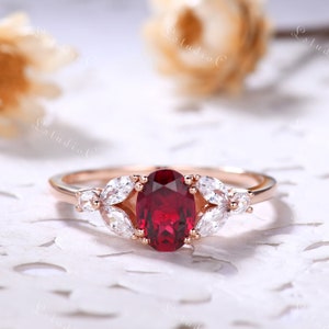 Vintage Oval Ruby Engagement Ring 14k Rose Gold Marquise Moissanite Ring Nature Inspired Leaf Ring July Birthstone Ring Gift for Women