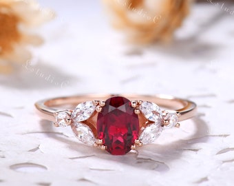 Vintage Oval Ruby Engagement Ring 14k Rose Gold Marquise Moissanite Ring Nature Inspired Leaf Ring July Birthstone Ring Gift for Women