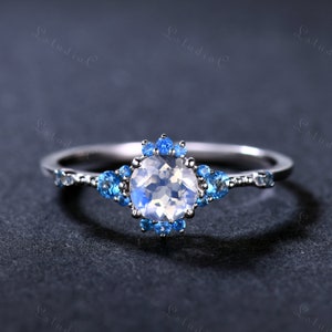 Rainbow Moonstone Ring Blue Topaz Ring White Gold Dainty Ring Blue Moonstone Engagement Ring Sterling Silver 14k Gold Ring Anniversary Ring