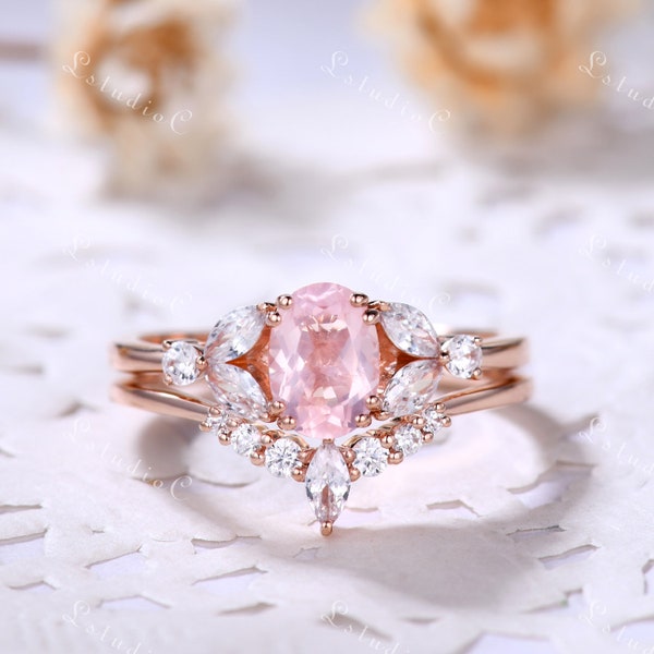 Oval Rose Quartz Ring Set Rose Gold Rose Quartz Engagement Ring Set Vintage Wedding Ring Set Marquise Moissanite Bridal Set Promise Ring