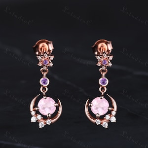 Vintage Round Rose Quartz Dangle Earrings Rose Gold Amethyst Star Moon Drop Earrings Women Unique Dainty Promise Anniversary Gift for Her